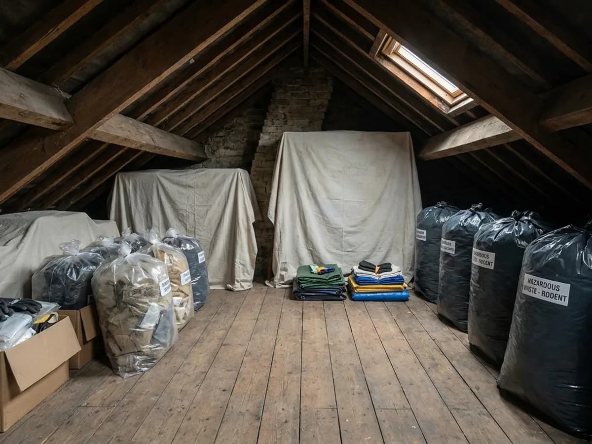 Bagged contaminated insulation during loft clearance after rodent activity in Otley