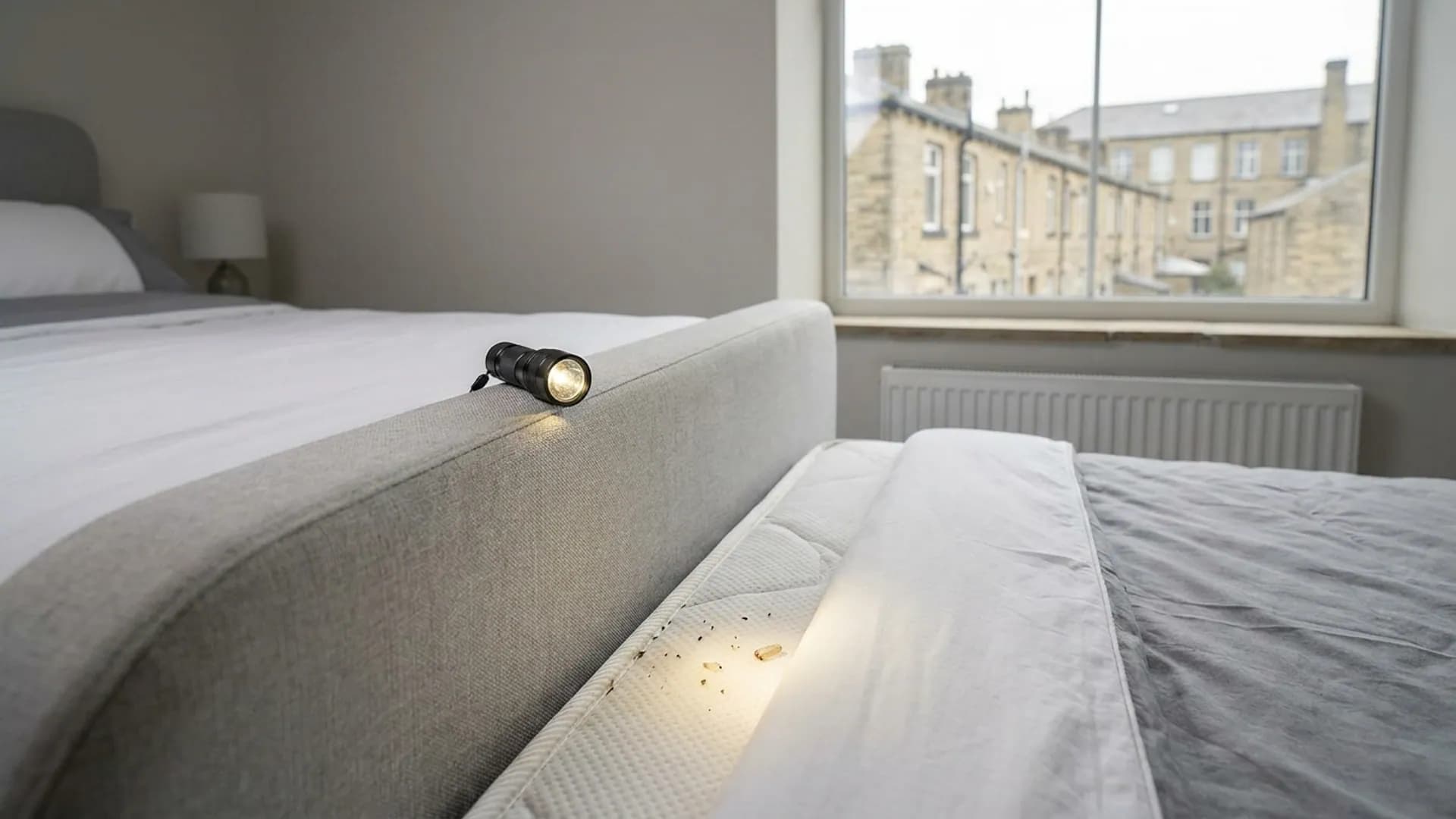 Bed bug inspection around mattress seams in a bedroom